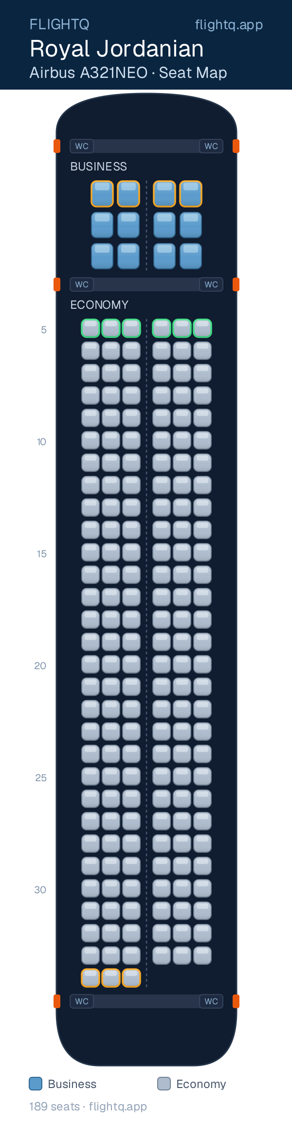 Royal Jordanian Airbus A321NEO seat map with 189 seats across 2 cabins — best seats and rows to avoid
