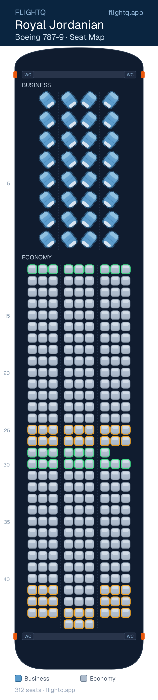 Royal Jordanian Boeing 787-9 Dreamliner seat map with 312 seats across 2 cabins — best seats and rows to avoid