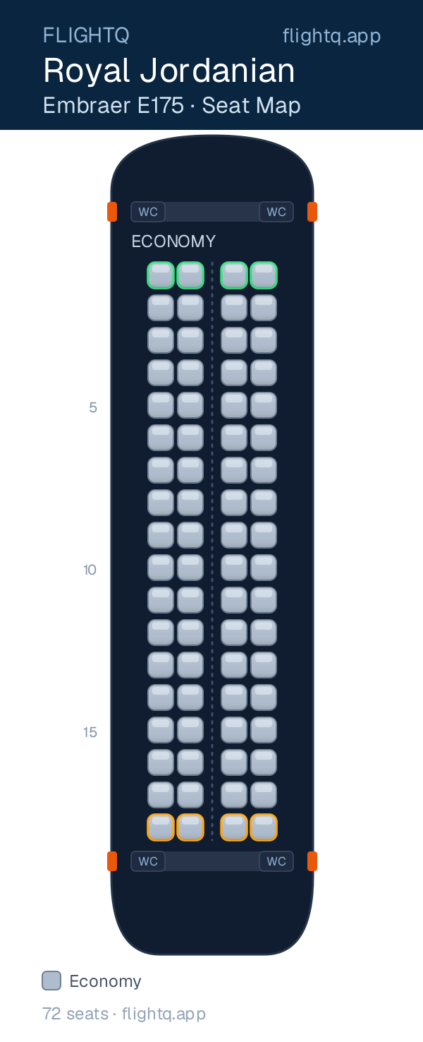 Royal Jordanian Embraer E175 seat map with 72 seats — best seats and rows to avoid