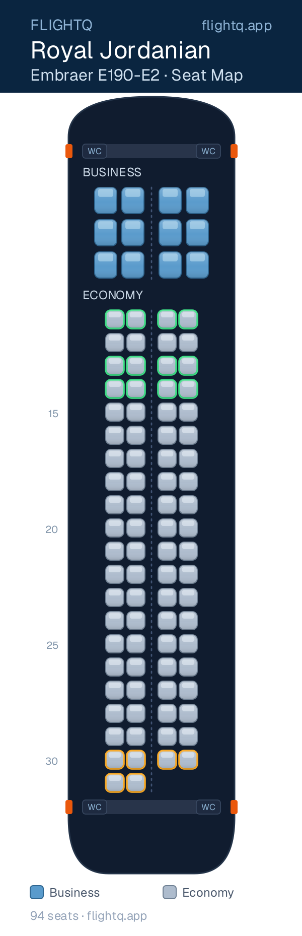 Royal Jordanian Embraer E190-E2 seat map with 94 seats across 2 cabins — best seats and rows to avoid