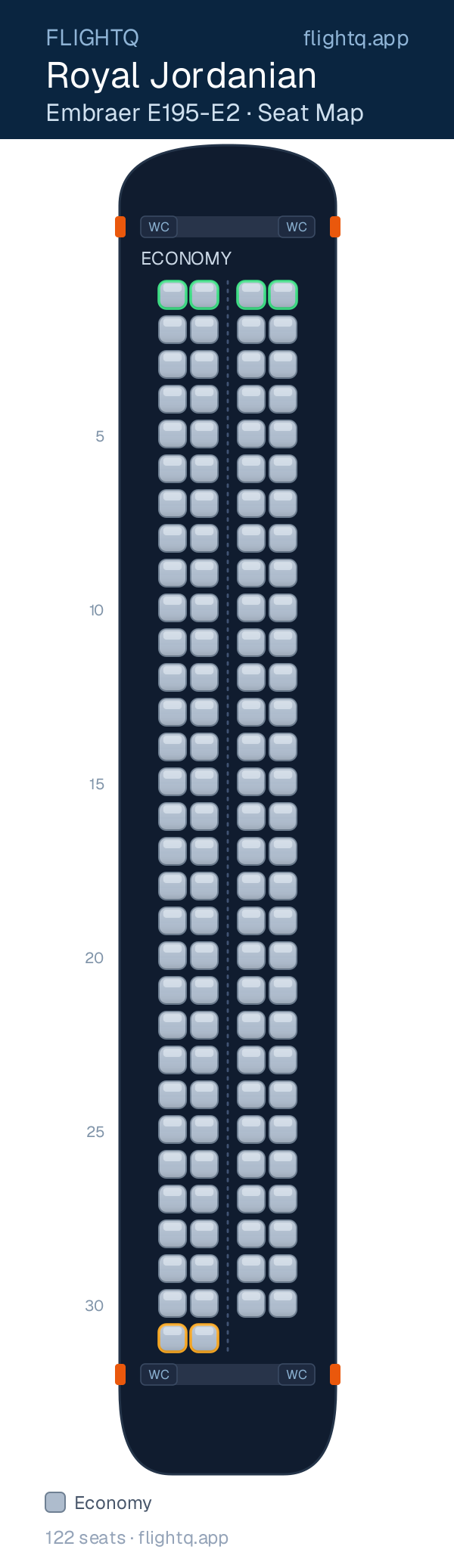 Royal Jordanian Embraer E195-E2 seat map with 122 seats — best seats and rows to avoid