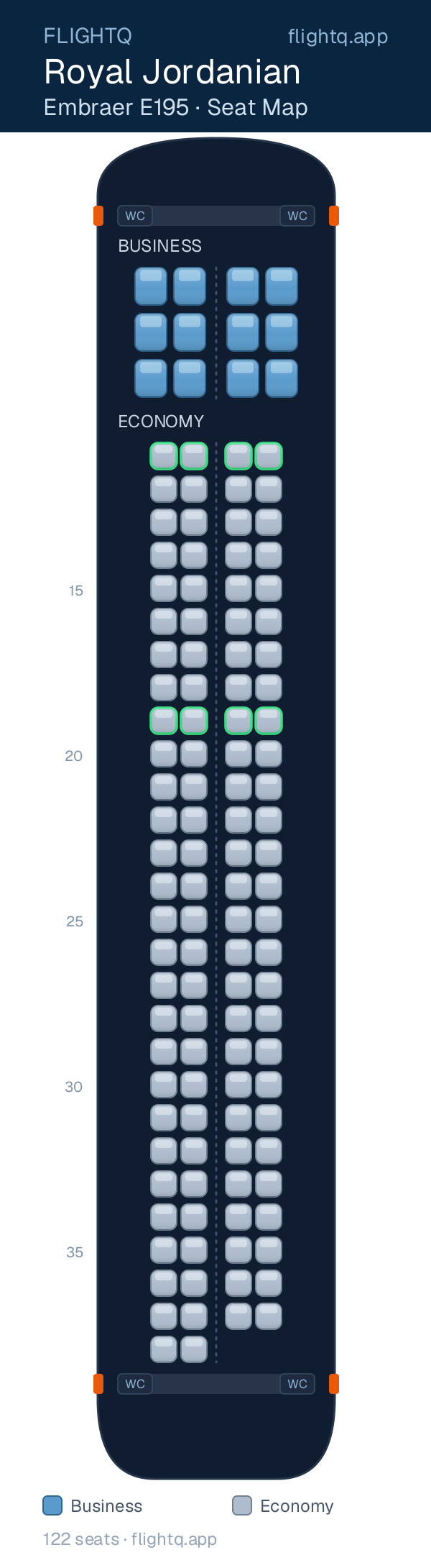Royal Jordanian Embraer E195 seat map with 122 seats across 2 cabins — rows to avoid
