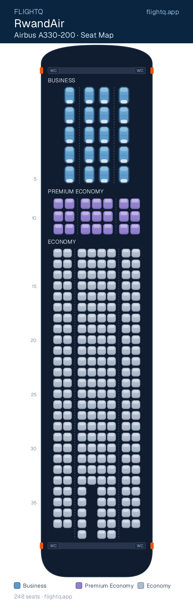 RwandAir Airbus A330-200 seat map with 248 seats across 3 cabins — best seats and rows to avoid