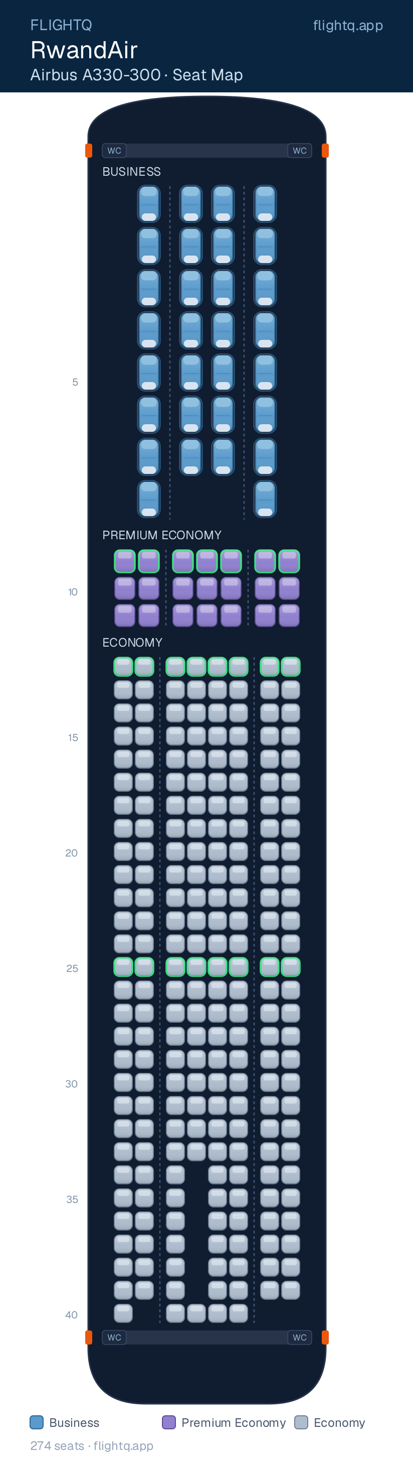 RwandAir Airbus A330-300 seat map with 274 seats across 3 cabins — best seats and rows to avoid