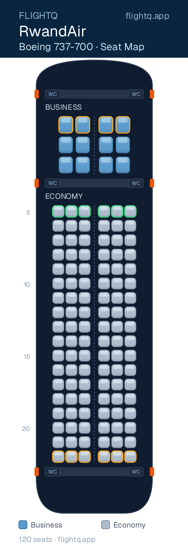 RwandAir Boeing 737-700 seat map with 120 seats across 2 cabins — best seats and rows to avoid
