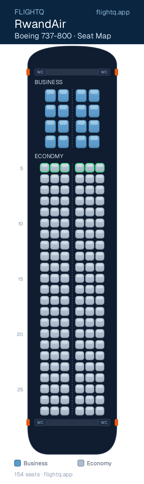 RwandAir Boeing 737-800 seat map with 154 seats across 2 cabins — best seats and rows to avoid