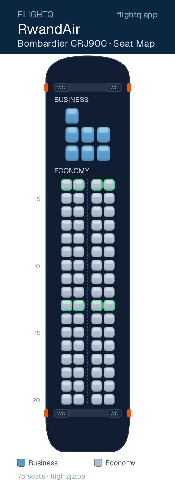 RwandAir Bombardier CRJ900 seat map with 75 seats across 2 cabins — best seats and rows to avoid