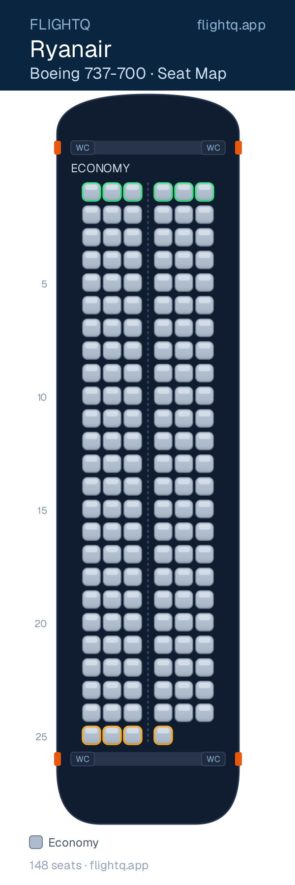 Ryanair Boeing 737-700 seat map with 148 seats — best seats and rows to avoid