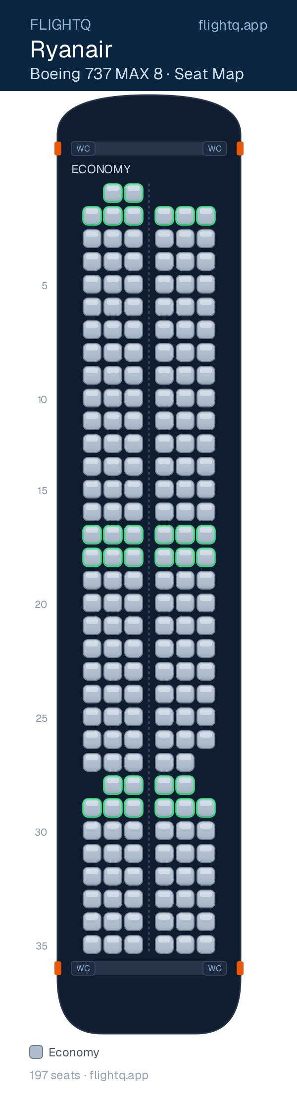 Ryanair Boeing 737 MAX 8 seat map with 197 seats — best seats and rows to avoid