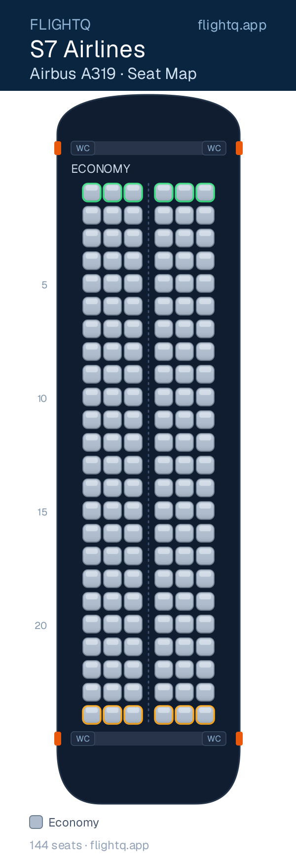 S7 Airlines Airbus A319 seat map with 144 seats — best seats and rows to avoid