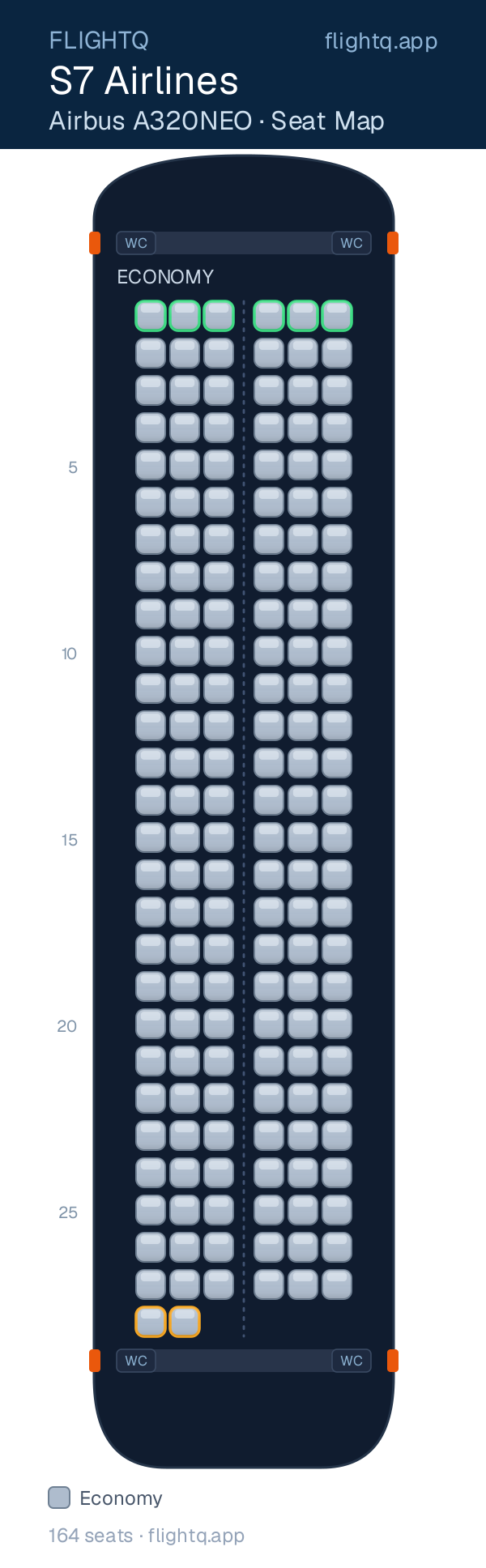 S7 Airlines Airbus A320NEO seat map with 164 seats — best seats and rows to avoid
