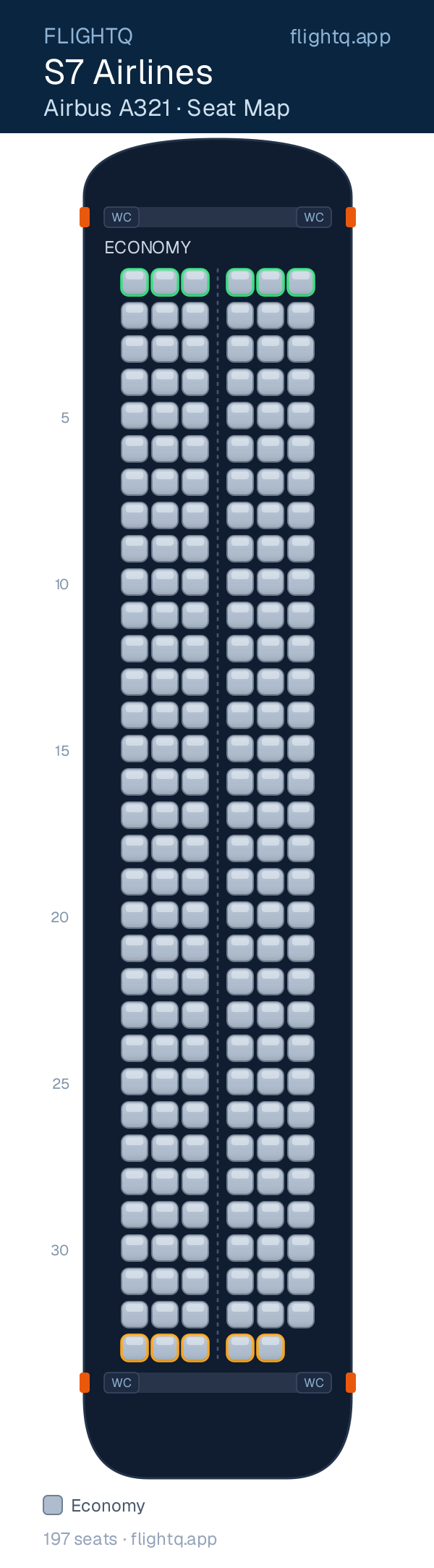 S7 Airlines Airbus A321 seat map with 197 seats — rows to avoid