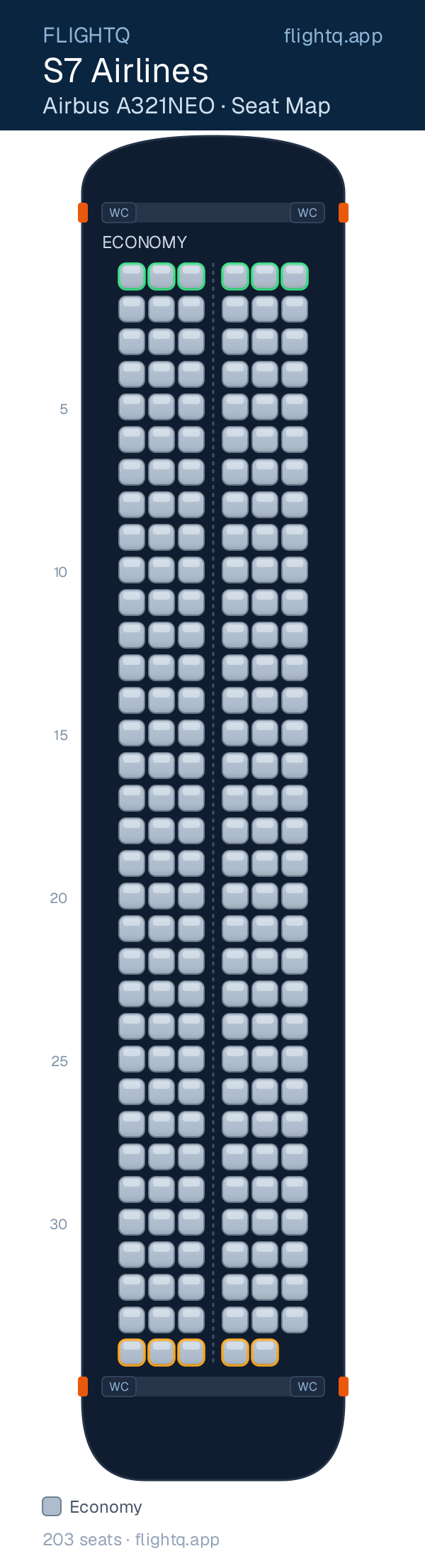 S7 Airlines Airbus A321NEO seat map with 203 seats — best seats and rows to avoid