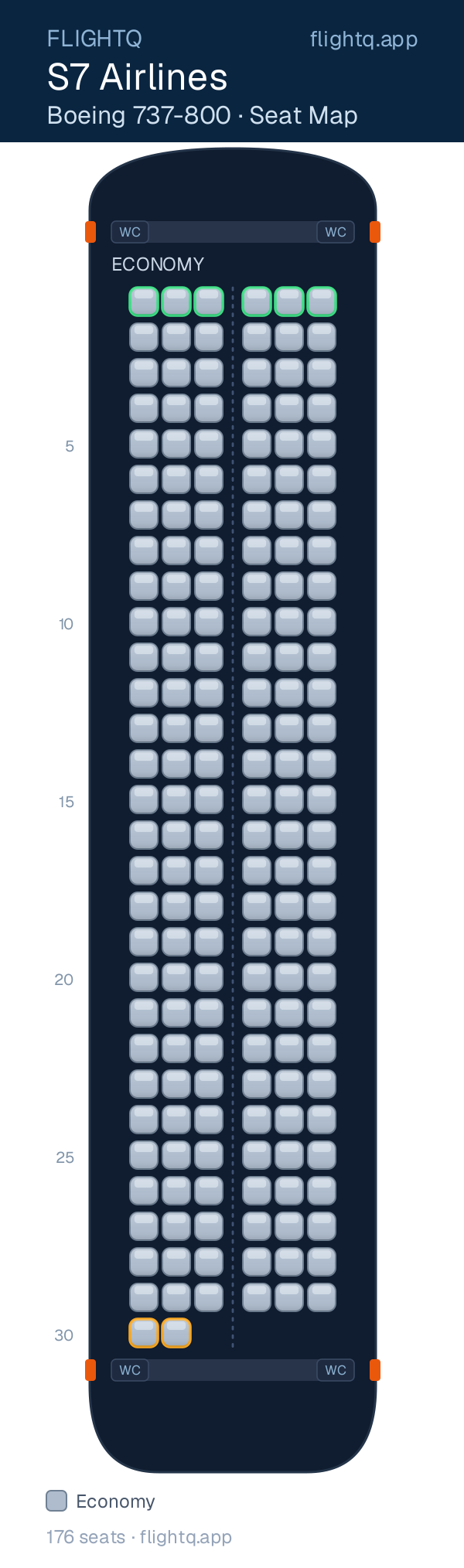 S7 Airlines Boeing 737-800 seat map with 176 seats — best seats and rows to avoid