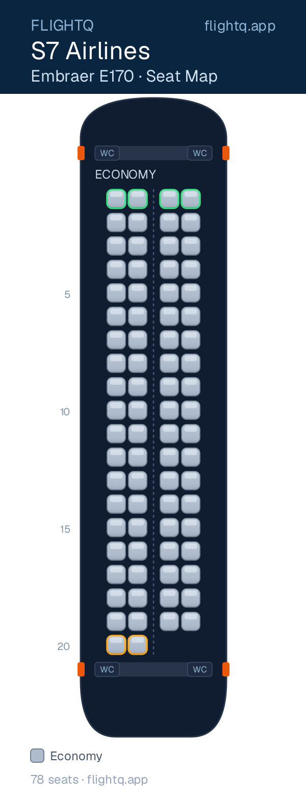 S7 Airlines Embraer E170 seat map with 78 seats — best seats and rows to avoid