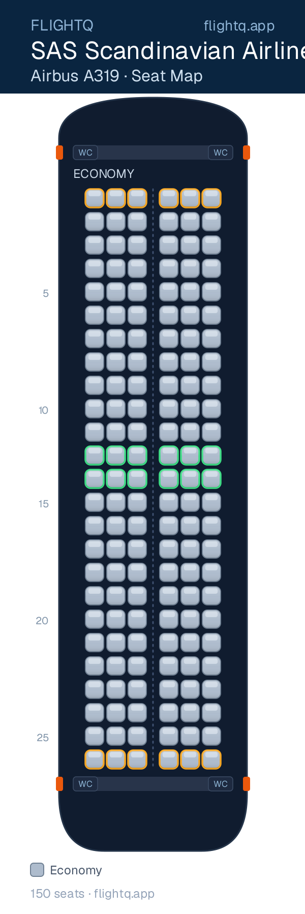 SAS Scandinavian Airlines Airbus A319 seat map with 150 seats — best seats and rows to avoid