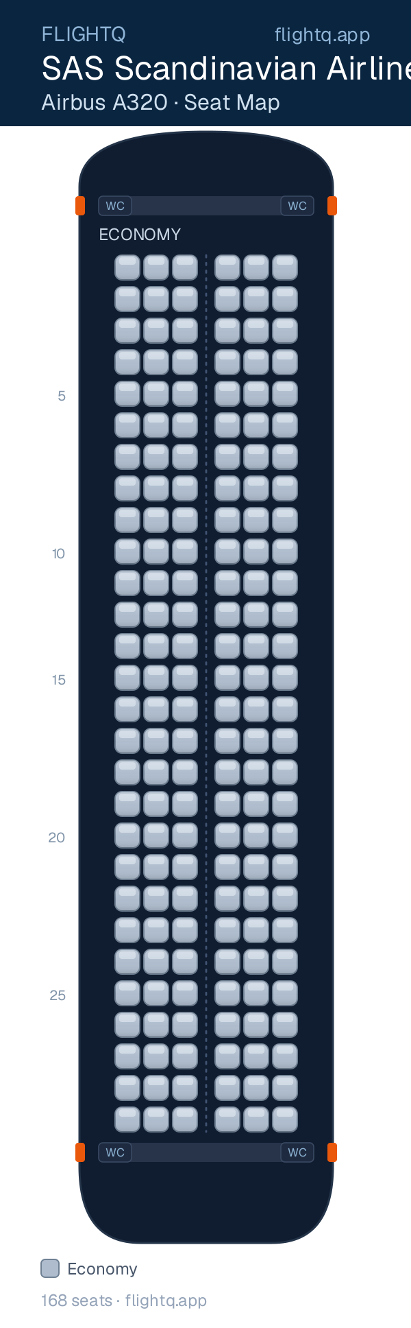 SAS Scandinavian Airlines Airbus A320 seat map with 168 seats — best seats and rows to avoid