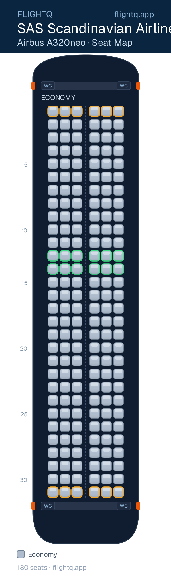 SAS Scandinavian Airlines Airbus A320neo seat map with 180 seats — best seats and rows to avoid