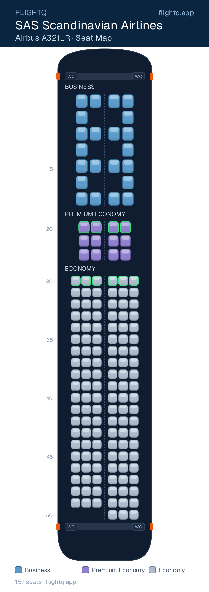 SAS Scandinavian Airlines Airbus A321LR seat map with 157 seats across 3 cabins — best seats and rows to avoid