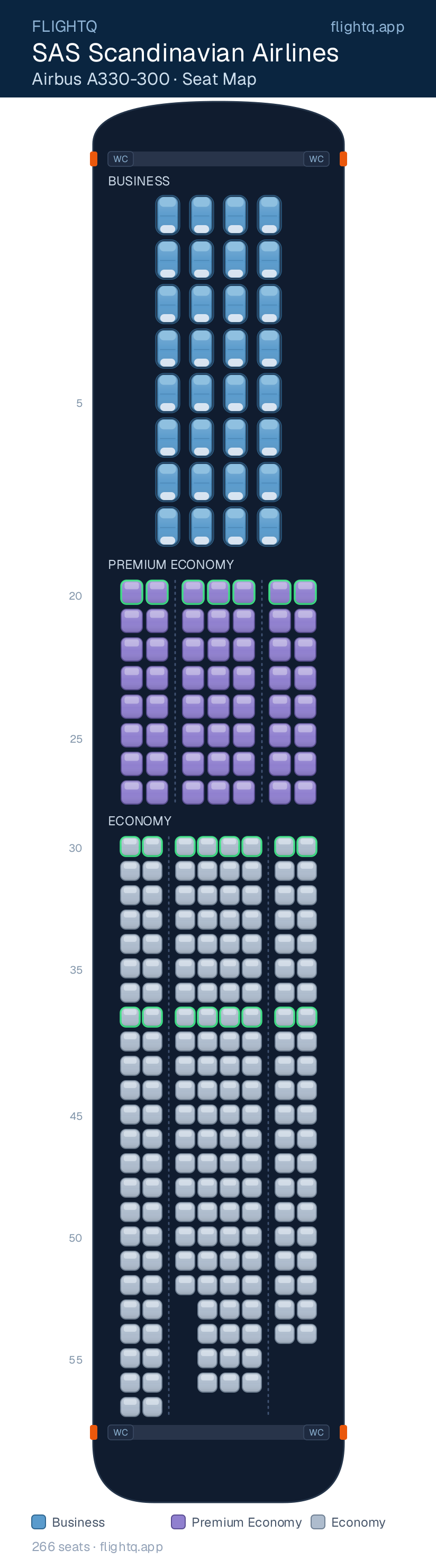 SAS Scandinavian Airlines Airbus A330-300 seat map with 266 seats across 3 cabins — best seats and rows to avoid