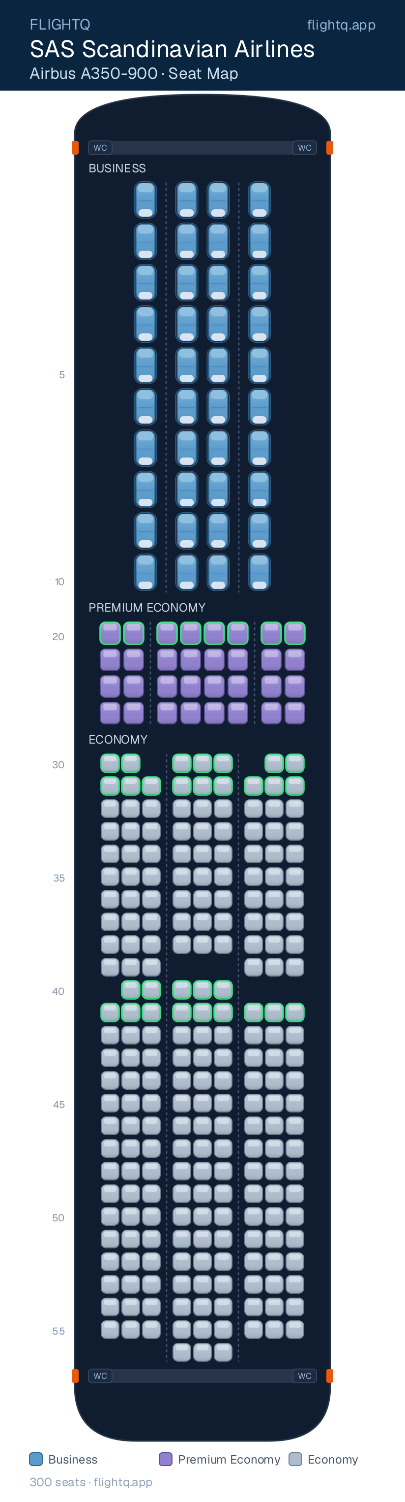 SAS Scandinavian Airlines Airbus A350-900 seat map with 300 seats across 3 cabins — best seats and rows to avoid