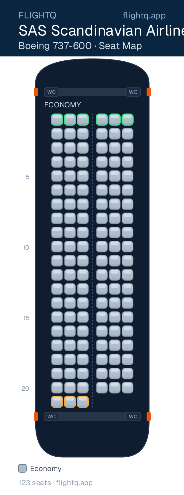 SAS Scandinavian Airlines Boeing 737-600 seat map with 123 seats — best seats and rows to avoid