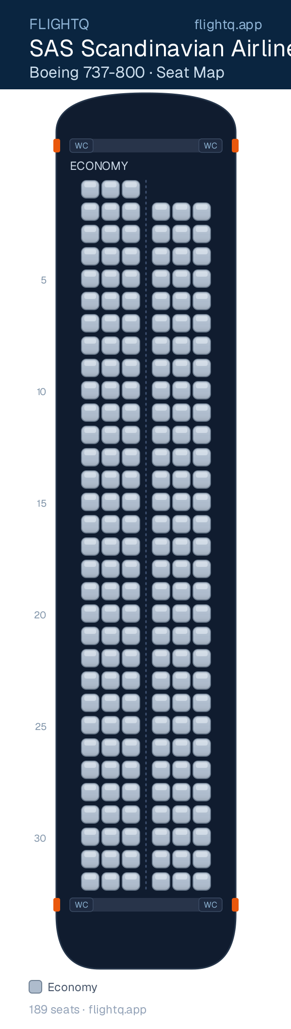 SAS Scandinavian Airlines Boeing 737-800 seat map with 189 seats — best seats and rows to avoid