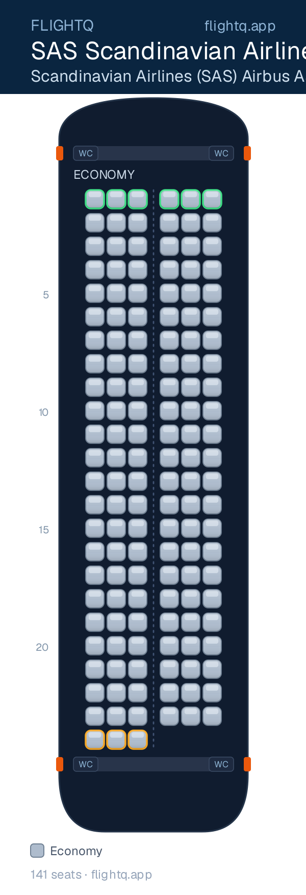 SAS Scandinavian Airlines Airbus A319 seat map with 141 seats — best seats and rows to avoid