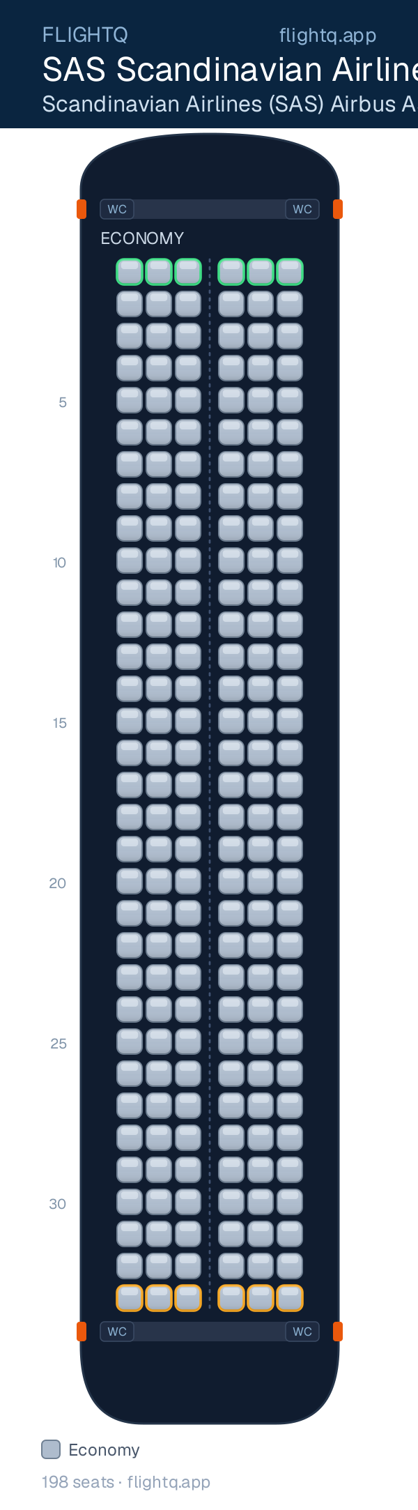 SAS Scandinavian Airlines Airbus A321 seat map with 198 seats — best seats and rows to avoid
