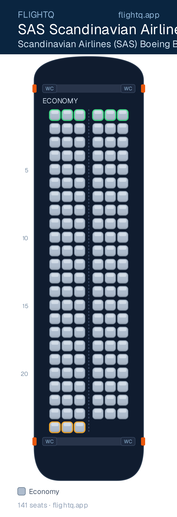 SAS Scandinavian Airlines Boeing 737-700 seat map with 141 seats — best seats and rows to avoid