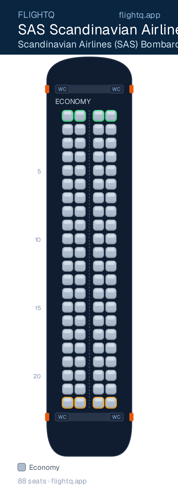 SAS Scandinavian Airlines Bombardier CRJ900 seat map with 88 seats — best seats and rows to avoid