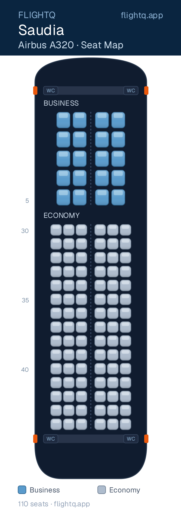 Saudia Airbus A320 seat map with 110 seats across 2 cabins — best seats and rows to avoid