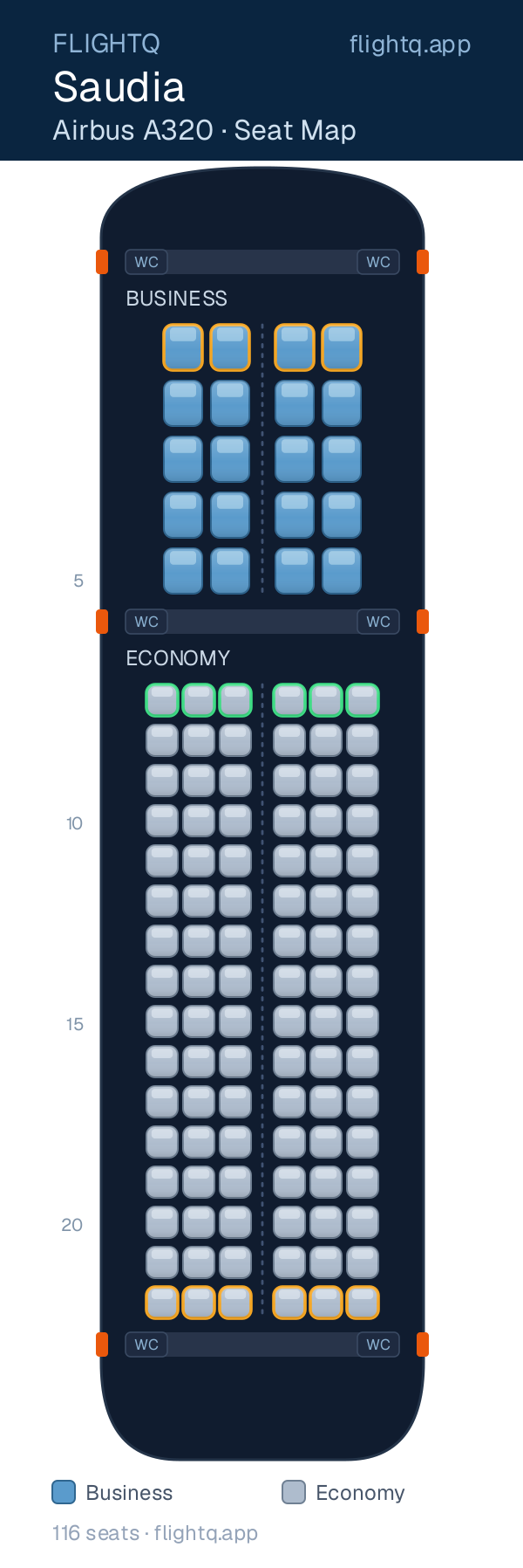 Saudia Airbus A320 seat map with 116 seats across 2 cabins — best seats and rows to avoid