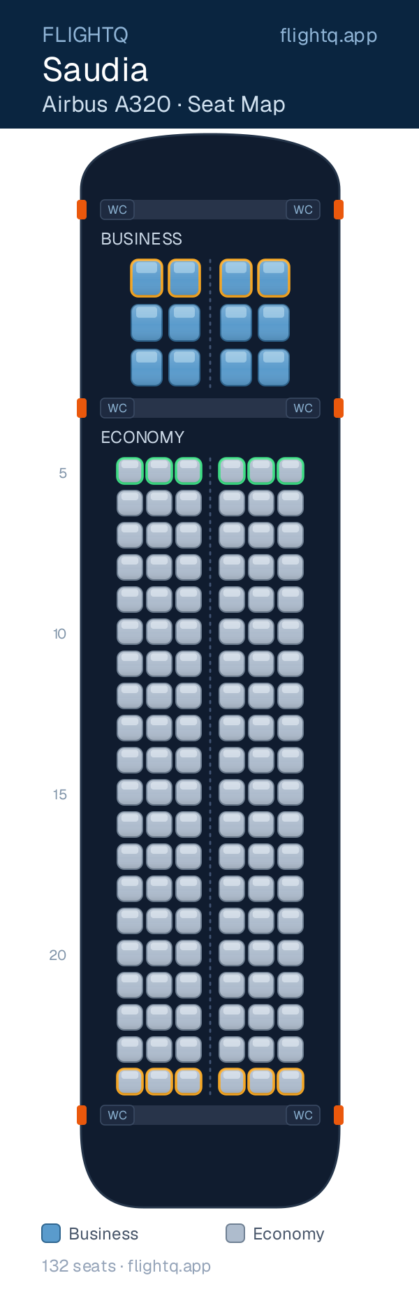Saudia Airbus A320 seat map with 132 seats across 2 cabins — best seats and rows to avoid