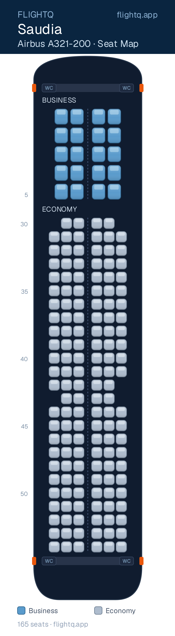 Saudia Airbus A321 seat map with 165 seats across 2 cabins — best seats and rows to avoid