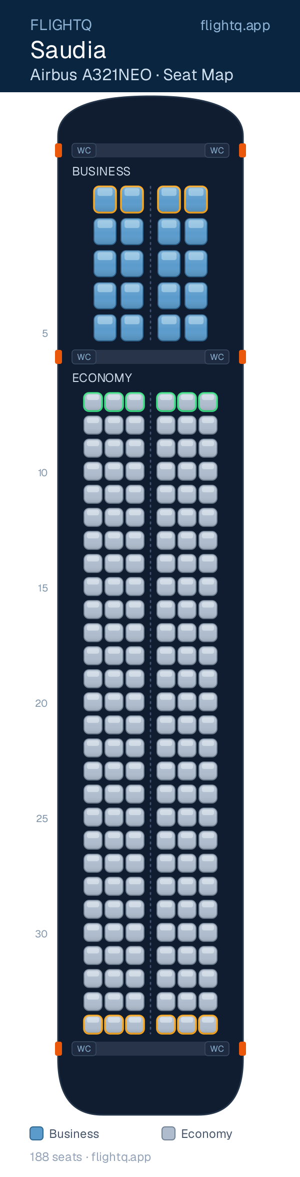 Saudia Airbus A321NEO seat map with 188 seats across 2 cabins — best seats and rows to avoid