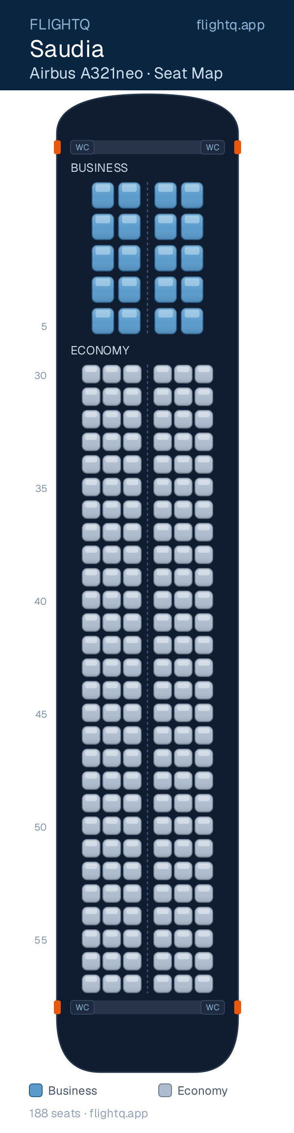 Saudia Airbus A321neo seat map with 188 seats across 2 cabins — best seats and rows to avoid