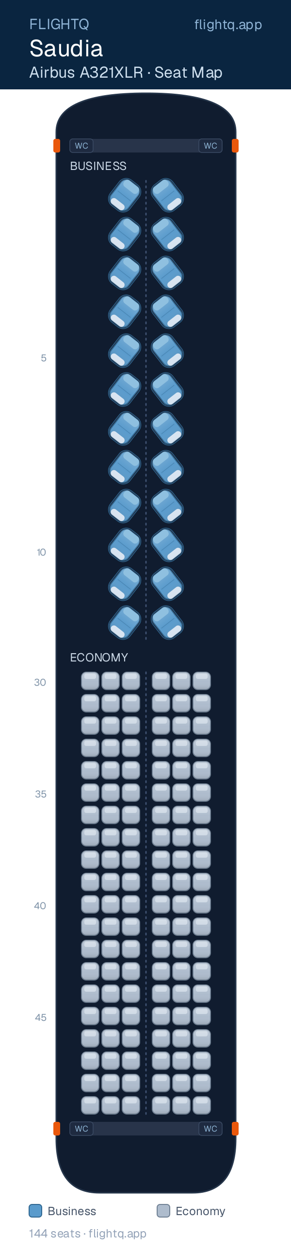 Saudia Airbus A321XLR seat map with 144 seats across 2 cabins — best seats and rows to avoid