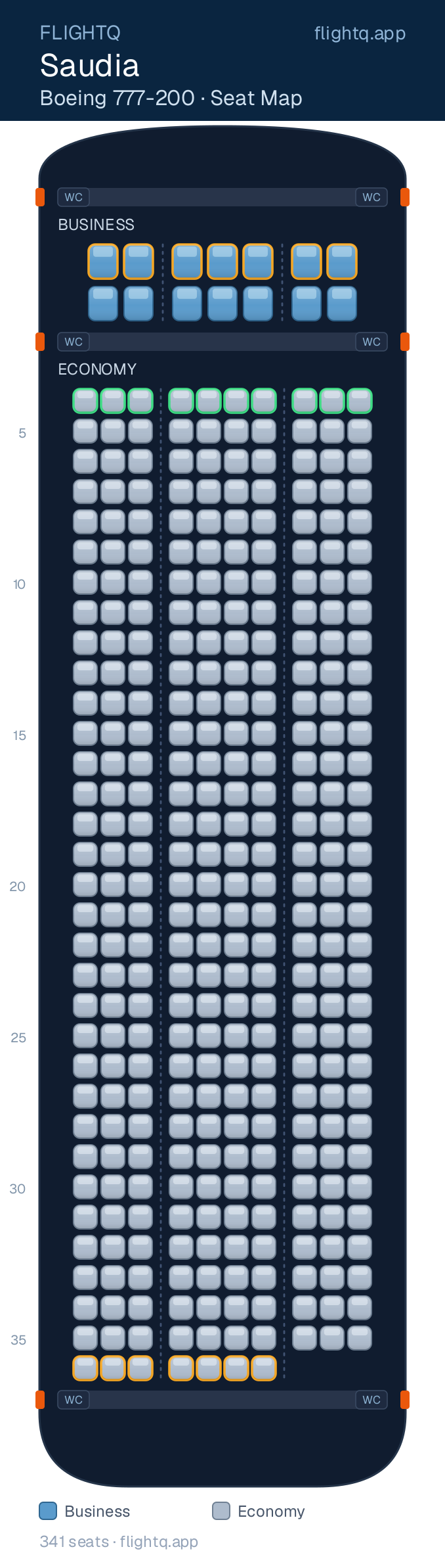 Saudia Boeing 777-200 seat map with 341 seats across 2 cabins — best seats and rows to avoid