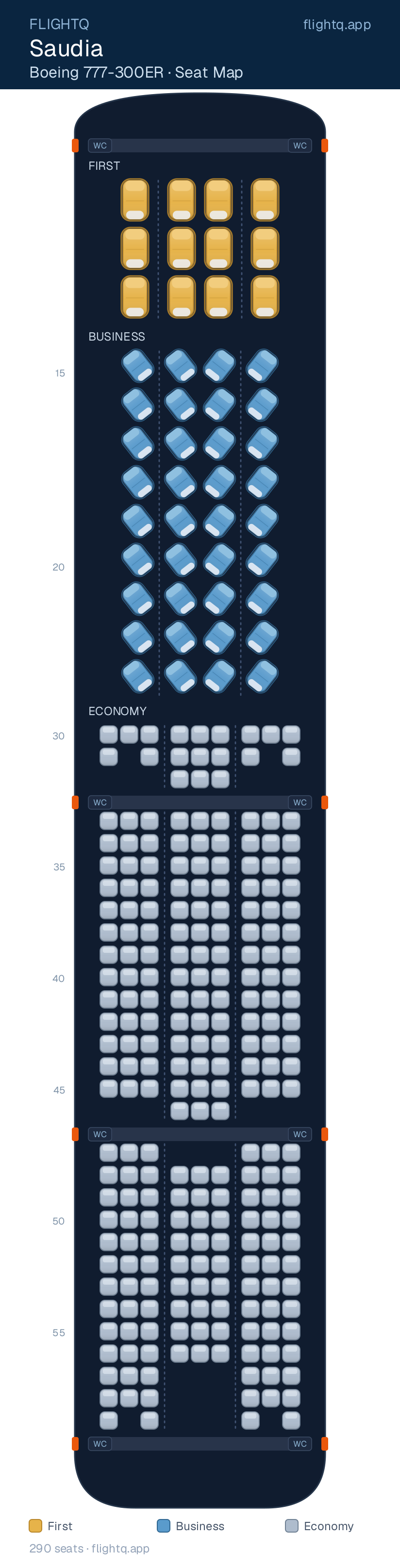 Saudia Boeing 777-300ER seat map with 290 seats across 3 cabins — best seats and rows to avoid