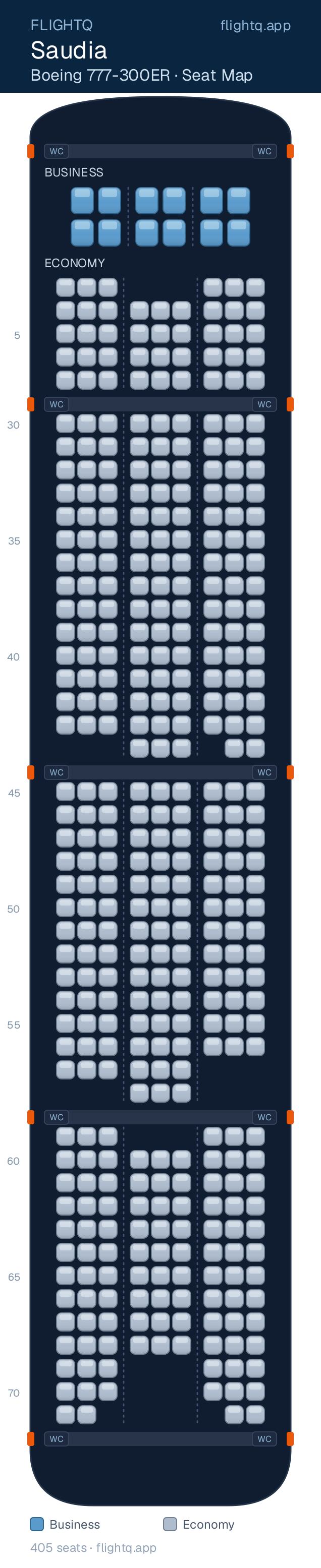Saudia Boeing 777-300ER seat map with 405 seats across 2 cabins — best seats and rows to avoid
