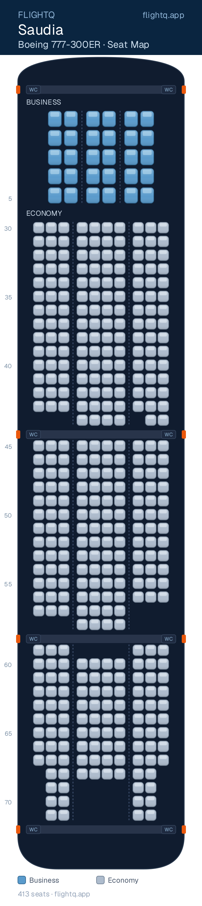 Saudia Boeing 777-300ER seat map with 413 seats across 2 cabins — best seats and rows to avoid