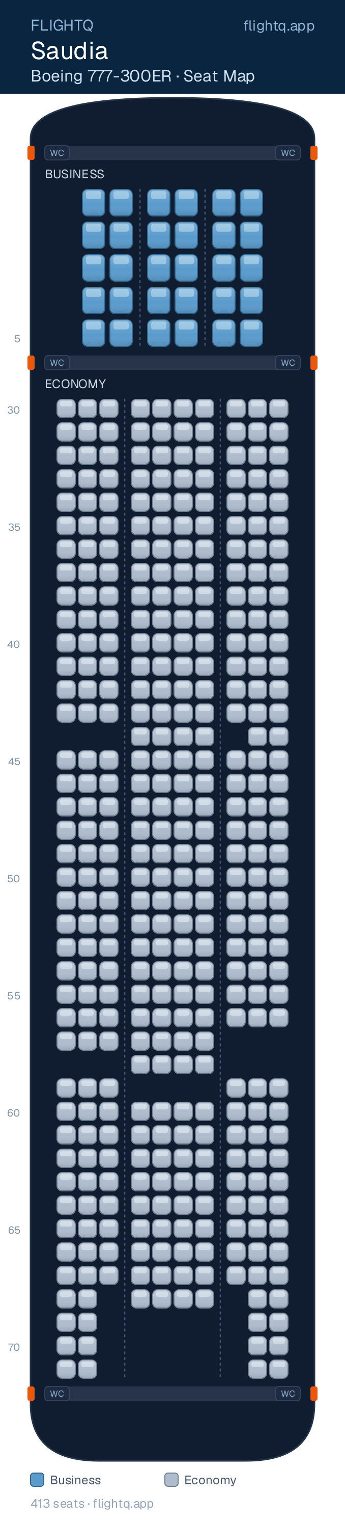 Saudia Boeing 777-300ER seat map with 413 seats across 2 cabins — best seats and rows to avoid
