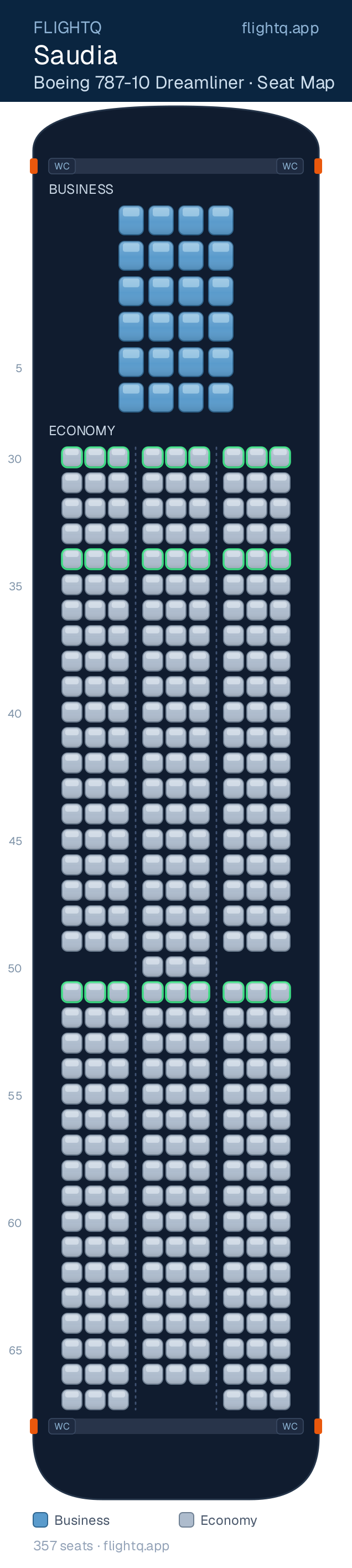 Saudia Boeing 787-10 Dreamliner seat map with 357 seats across 2 cabins — best seats and rows to avoid