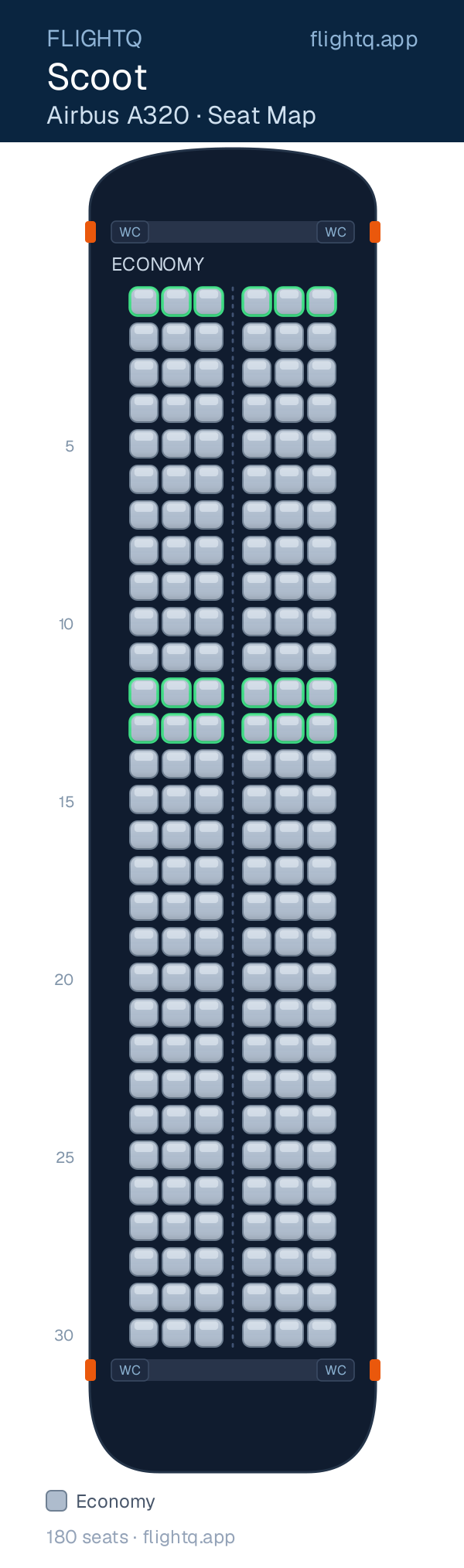 Scoot Airbus A320 seat map with 180 seats — best seats and rows to avoid