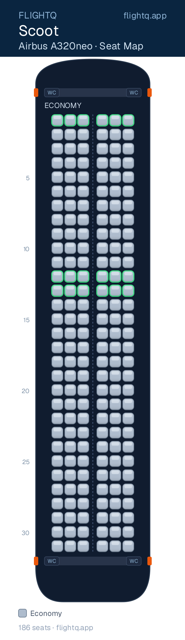 Scoot Airbus A320neo seat map with 186 seats — best seats and rows to avoid
