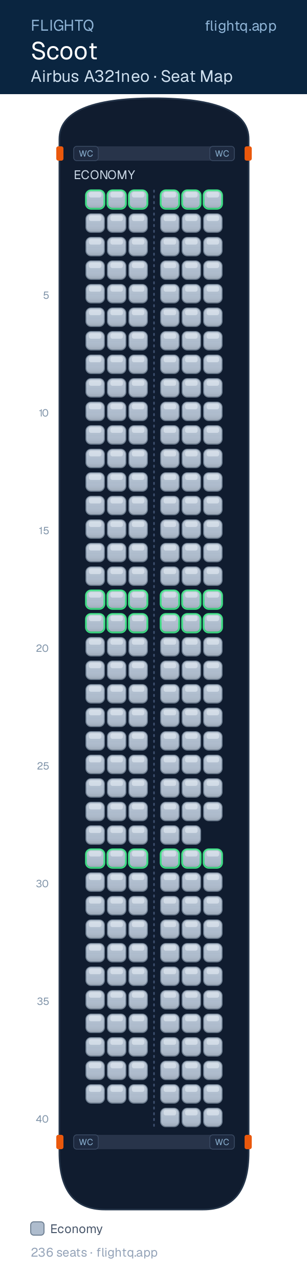 Scoot Airbus A321neo seat map with 236 seats — best seats and rows to avoid