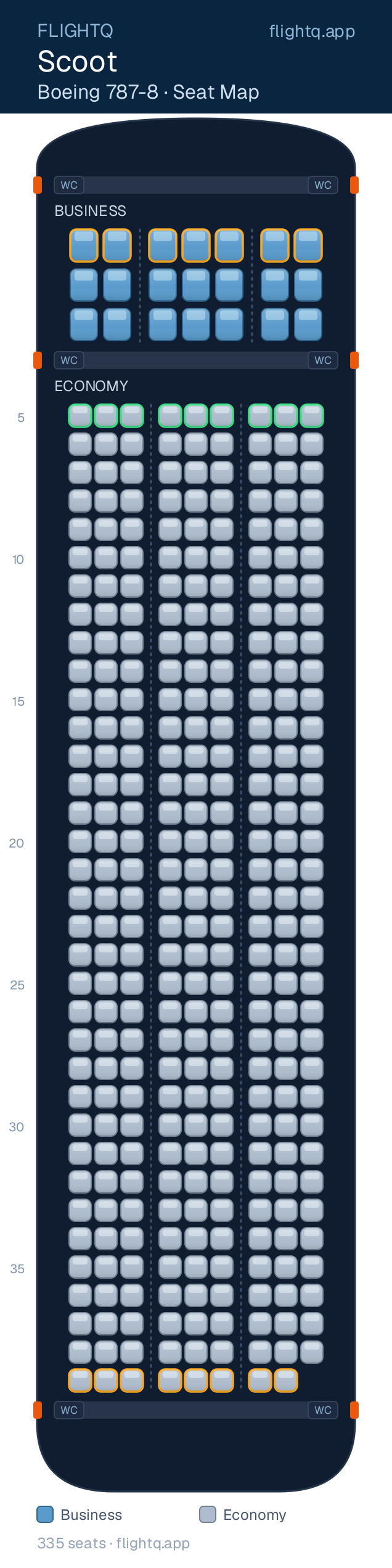 Scoot Boeing 787-8 Dreamliner seat map with 335 seats across 2 cabins — best seats and rows to avoid