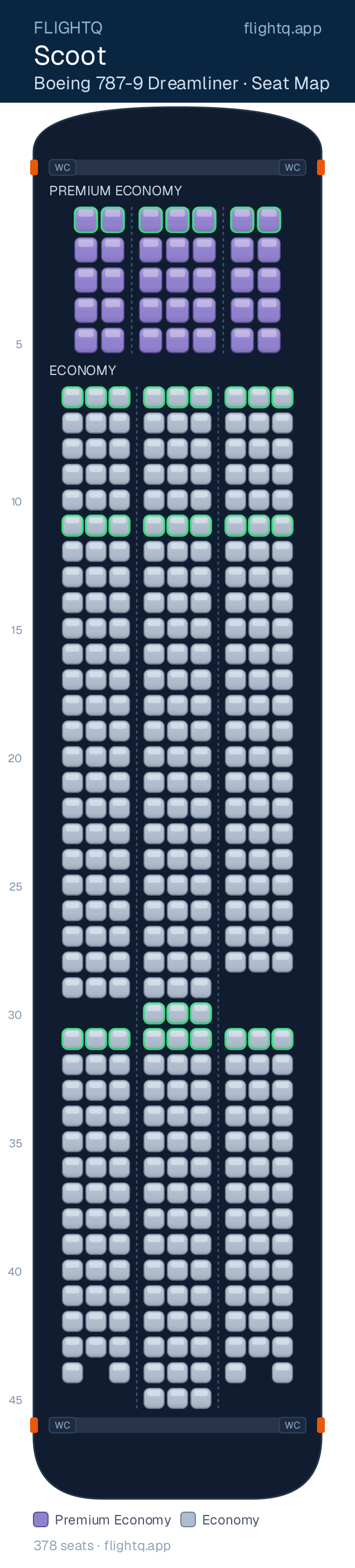 Scoot Boeing 787-9 Dreamliner seat map with 378 seats across 2 cabins — best seats and rows to avoid