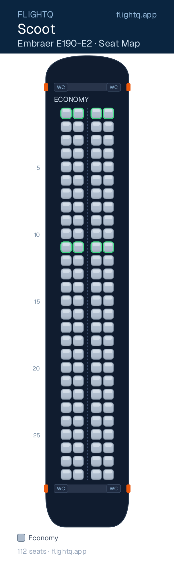 Scoot Embraer E190-E2 seat map with 112 seats — best seats and rows to avoid